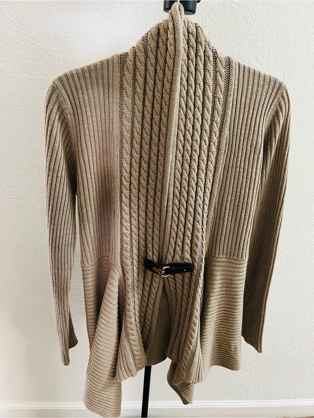 One A-Women's Open Front Cable & Rib Knit Cardigan Sweater - Taupe -size L